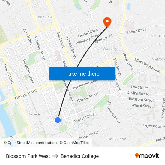 Blossom Park West to Benedict College map