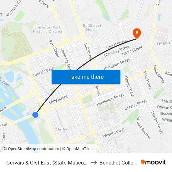 Gervais & Gist East (State Museum) to Benedict College map