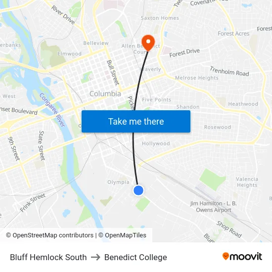 Bluff Hemlock South to Benedict College map