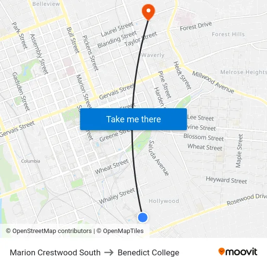 Marion Crestwood South to Benedict College map