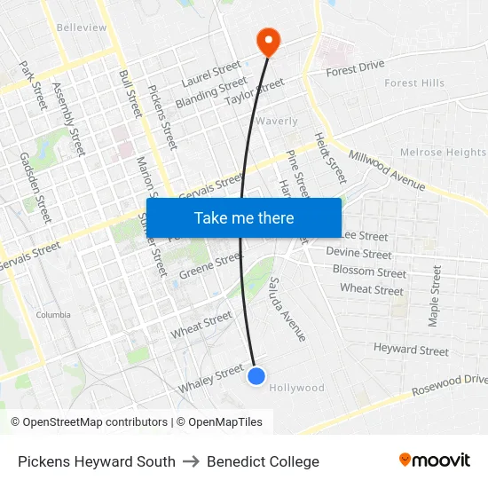 Pickens Heyward South to Benedict College map