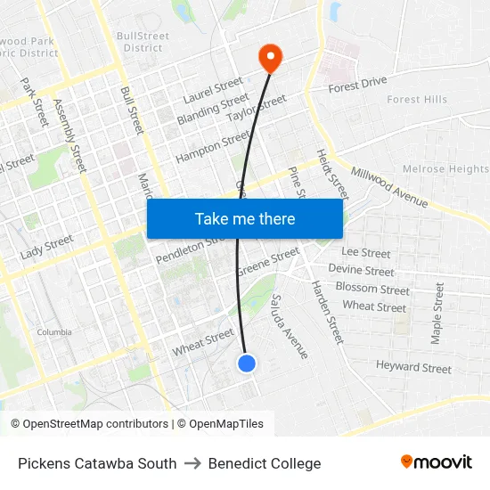 Pickens Catawba South to Benedict College map