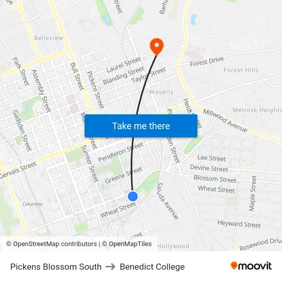 Pickens Blossom South to Benedict College map