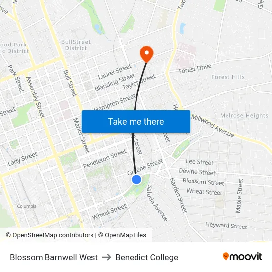 Blossom Barnwell West to Benedict College map