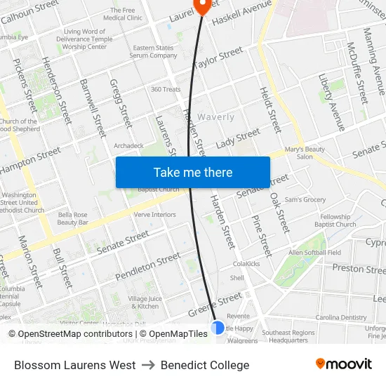 Blossom Laurens West to Benedict College map