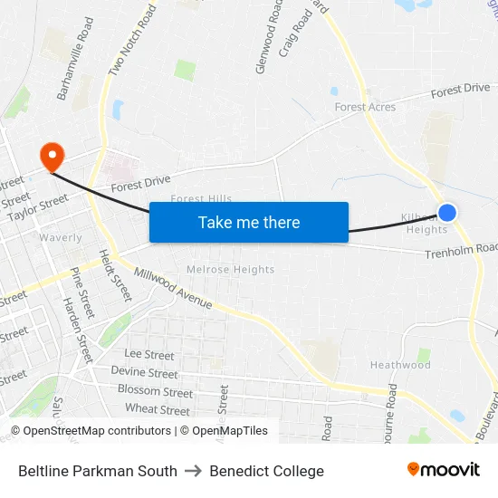 Beltline Parkman South to Benedict College map