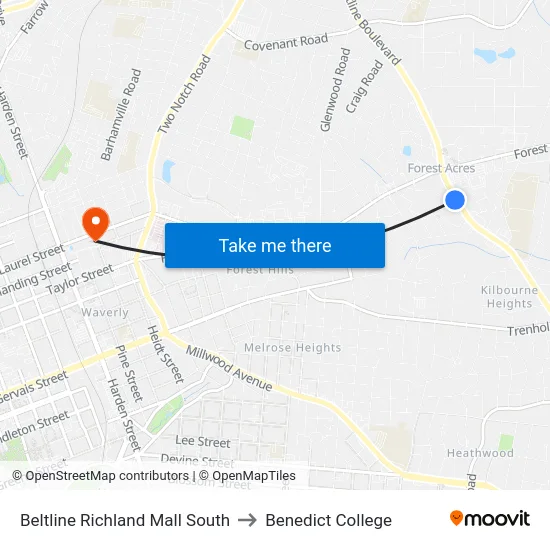 Beltline Richland Mall South to Benedict College map