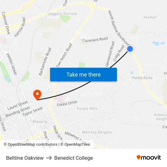 Beltline Oakview to Benedict College map