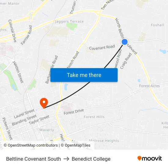 Beltline Covenant South to Benedict College map