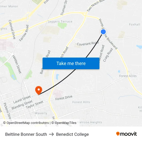 Beltline Bonner South to Benedict College map