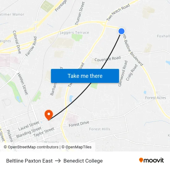 Beltline Paxton East to Benedict College map