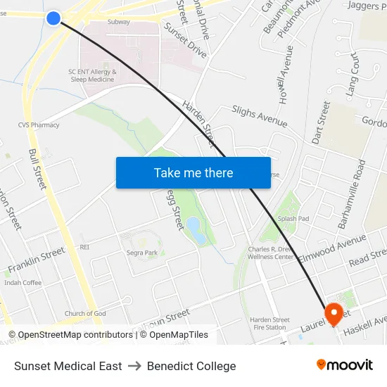 Sunset Medical East to Benedict College map