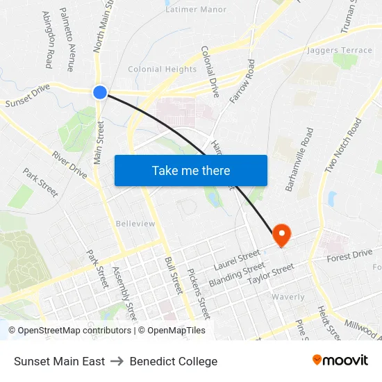 Sunset Main East to Benedict College map