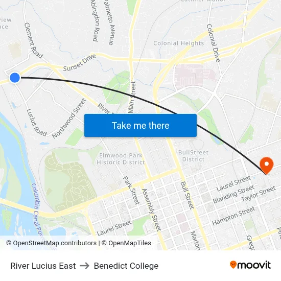 River Lucius East to Benedict College map