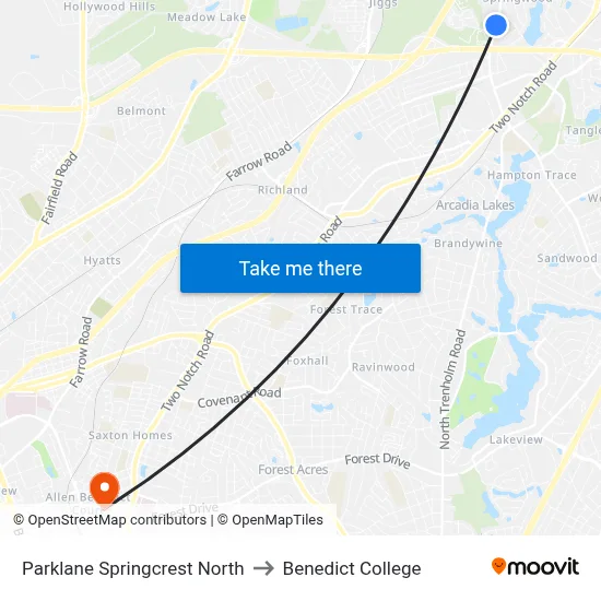 Parklane Springcrest North to Benedict College map