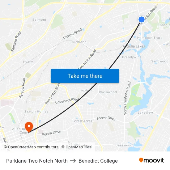 Parklane Two Notch North to Benedict College map