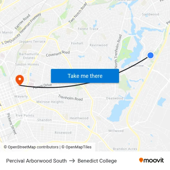 Percival Arborwood South to Benedict College map