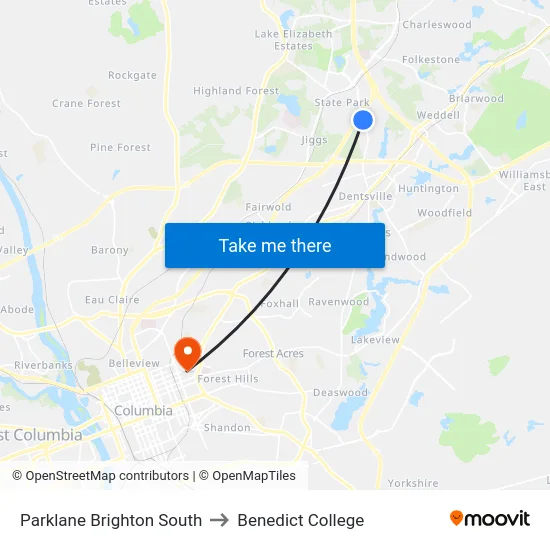 Parklane Brighton South to Benedict College map