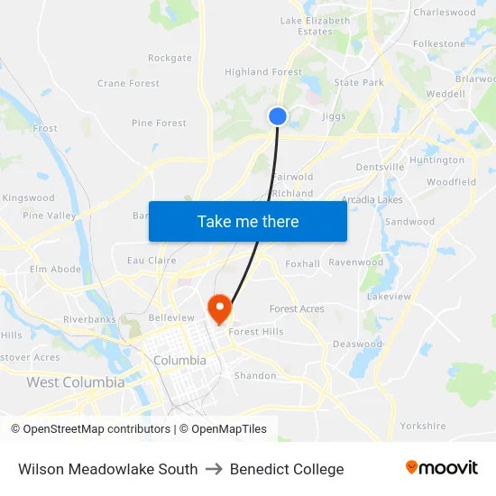 Wilson Meadowlake South to Benedict College map