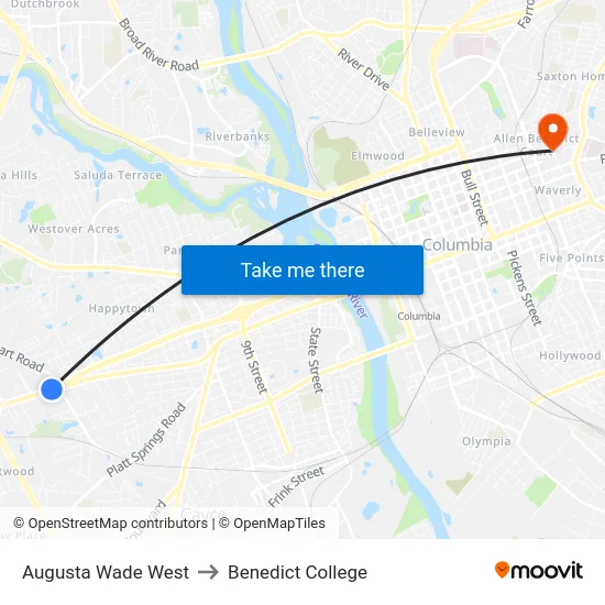 Augusta Wade West to Benedict College map