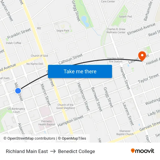 Richland Main East to Benedict College map