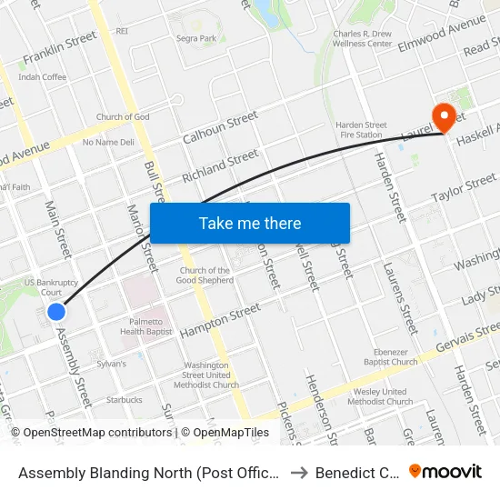Assembly Blanding North (Post Office / Finlay Park) to Benedict College map
