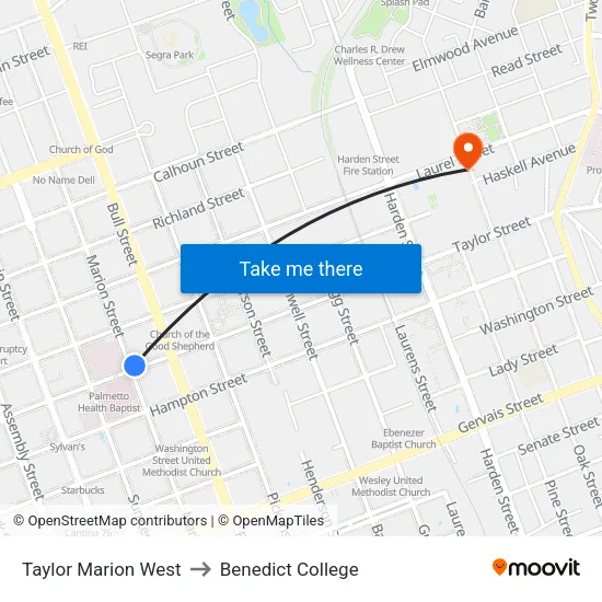 Taylor Marion West to Benedict College map