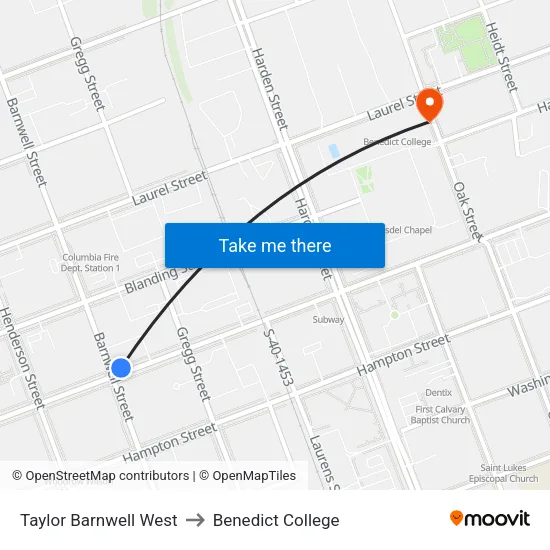 Taylor Barnwell West to Benedict College map