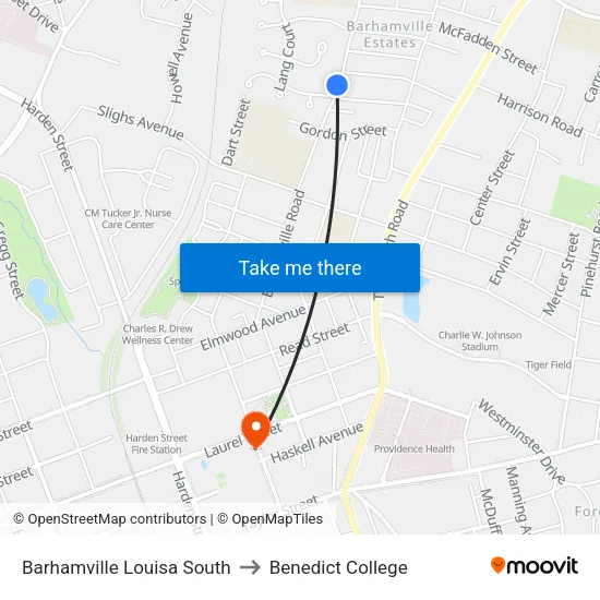 Barhamville Louisa South to Benedict College map