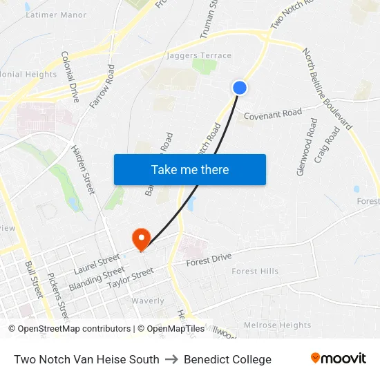 Two Notch Van Heise South to Benedict College map