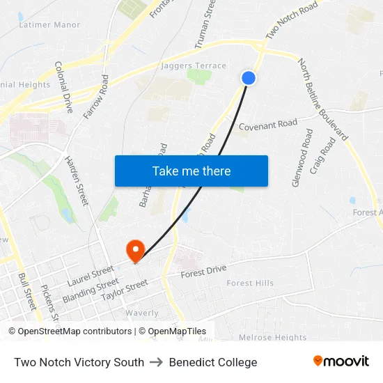 Two Notch Victory South to Benedict College map