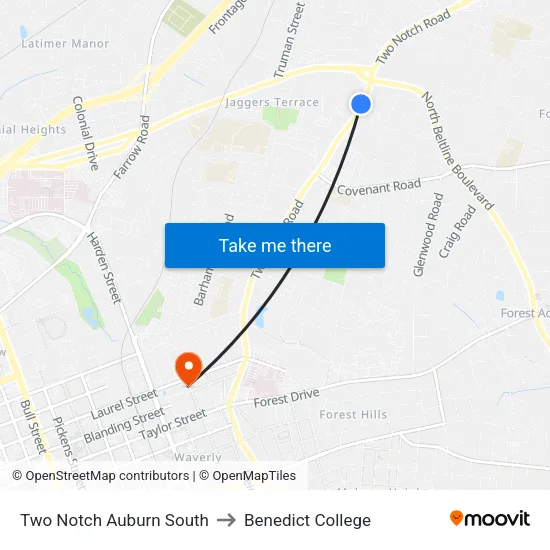 Two Notch Auburn South to Benedict College map