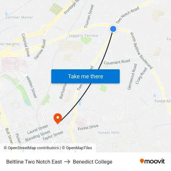 Beltline Two Notch East to Benedict College map