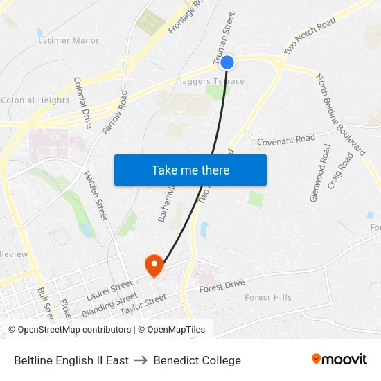 Beltline English II East to Benedict College map