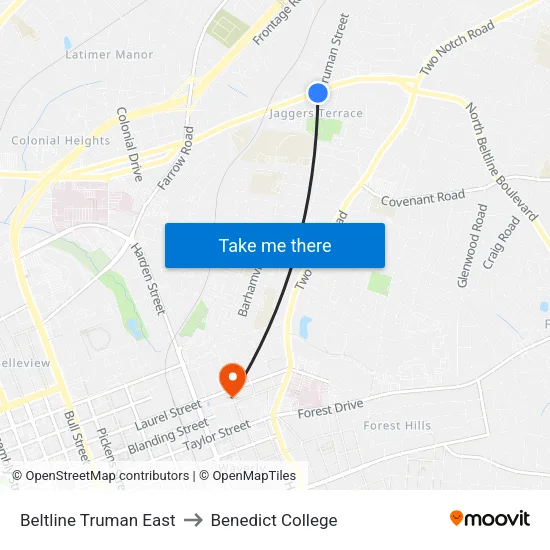 Beltline Truman East to Benedict College map