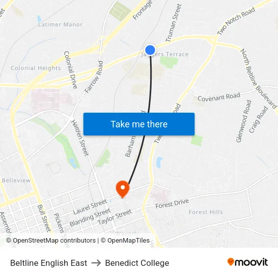 Beltline English East to Benedict College map