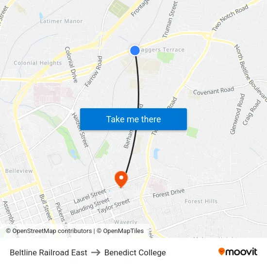 Beltline Railroad East to Benedict College map