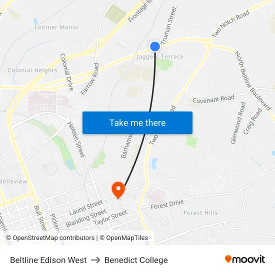 Beltline Edison West to Benedict College map