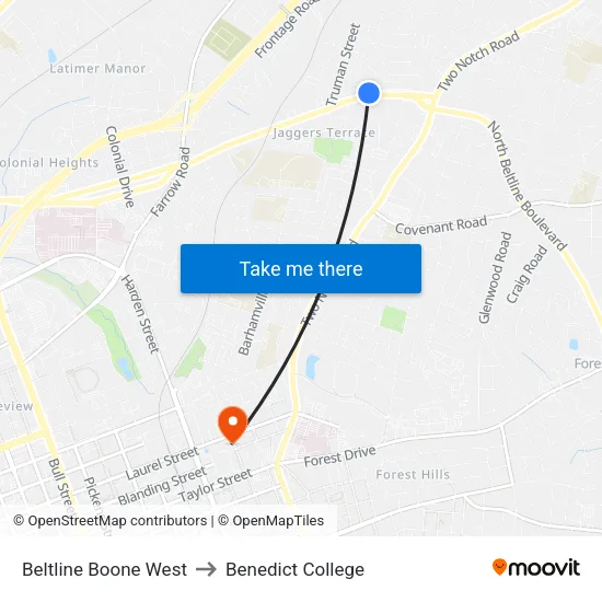 Beltline Boone West to Benedict College map