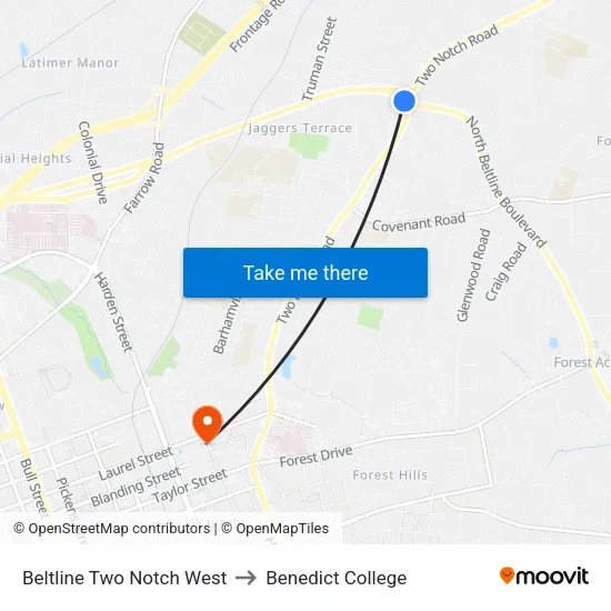 Beltline Two Notch West to Benedict College map