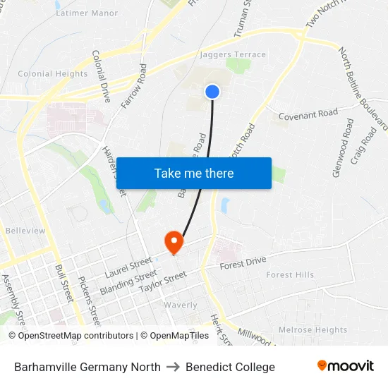 Barhamville Germany North to Benedict College map