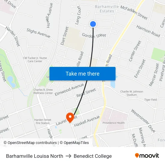Barhamville Louisa North to Benedict College map