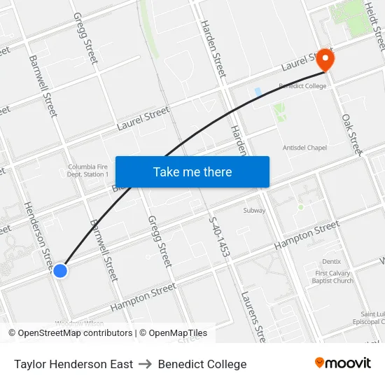 Taylor Henderson East to Benedict College map