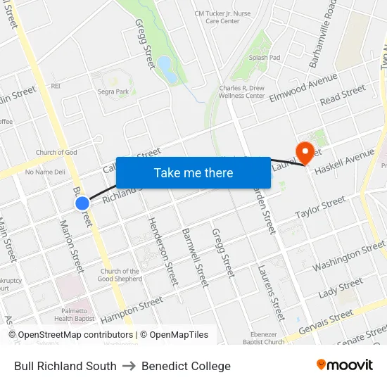 Bull Richland South to Benedict College map
