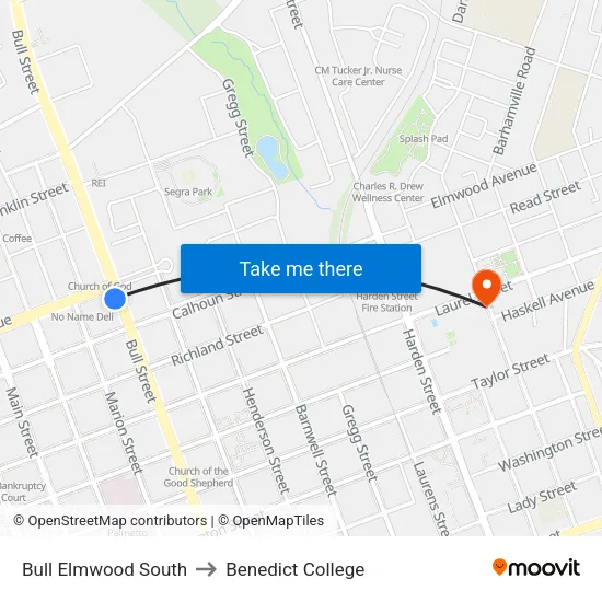 Bull Elmwood South to Benedict College map