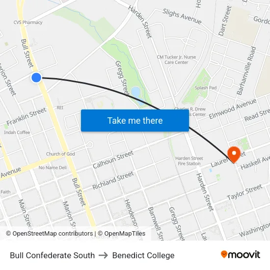 Bull Confederate South to Benedict College map