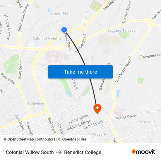 Colonial Willow South to Benedict College map
