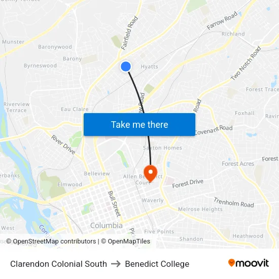 Clarendon Colonial South to Benedict College map