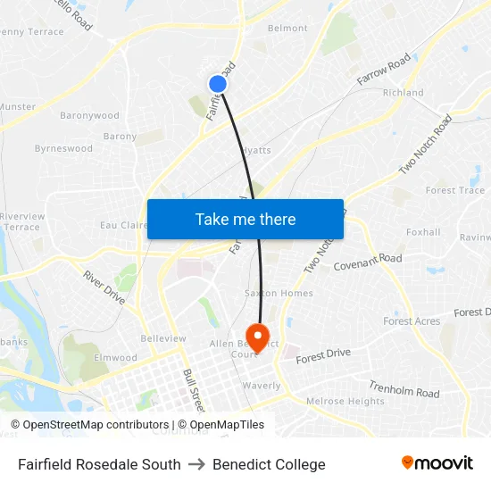 Fairfield Rosedale South to Benedict College map