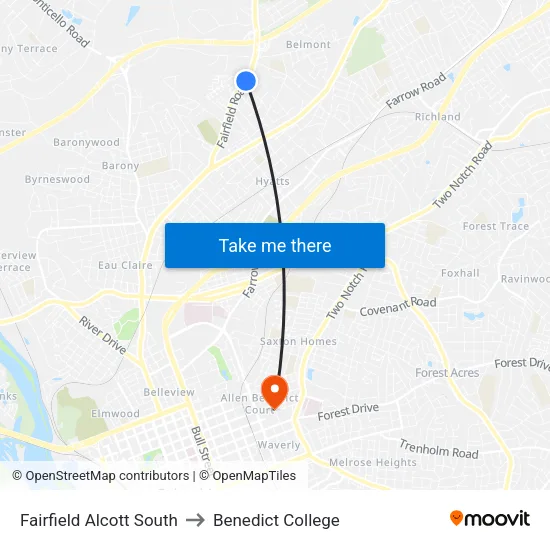 Fairfield Alcott South to Benedict College map